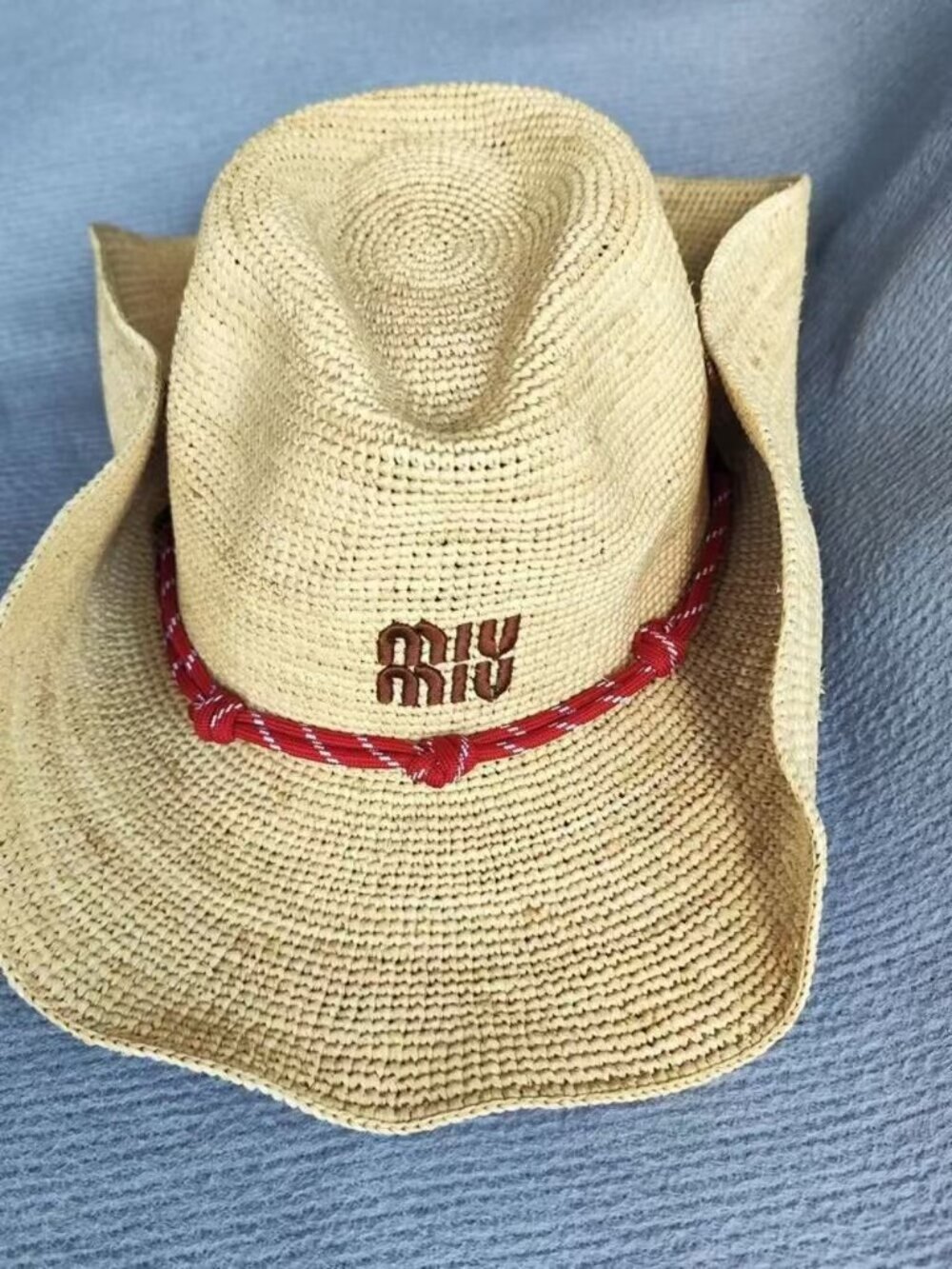 Miu Miu Cowboy Straw Hat with Red Stripe Rope Band